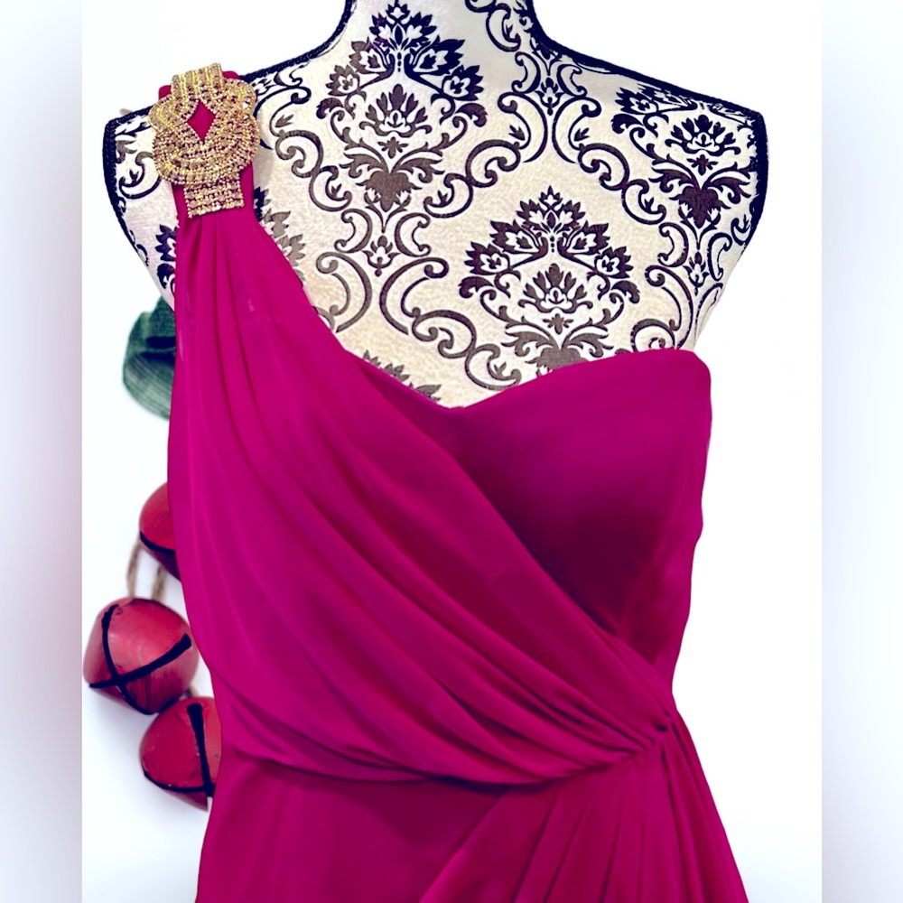 Xscape Fuchsia One Shoulder Dress with Gold Detail
